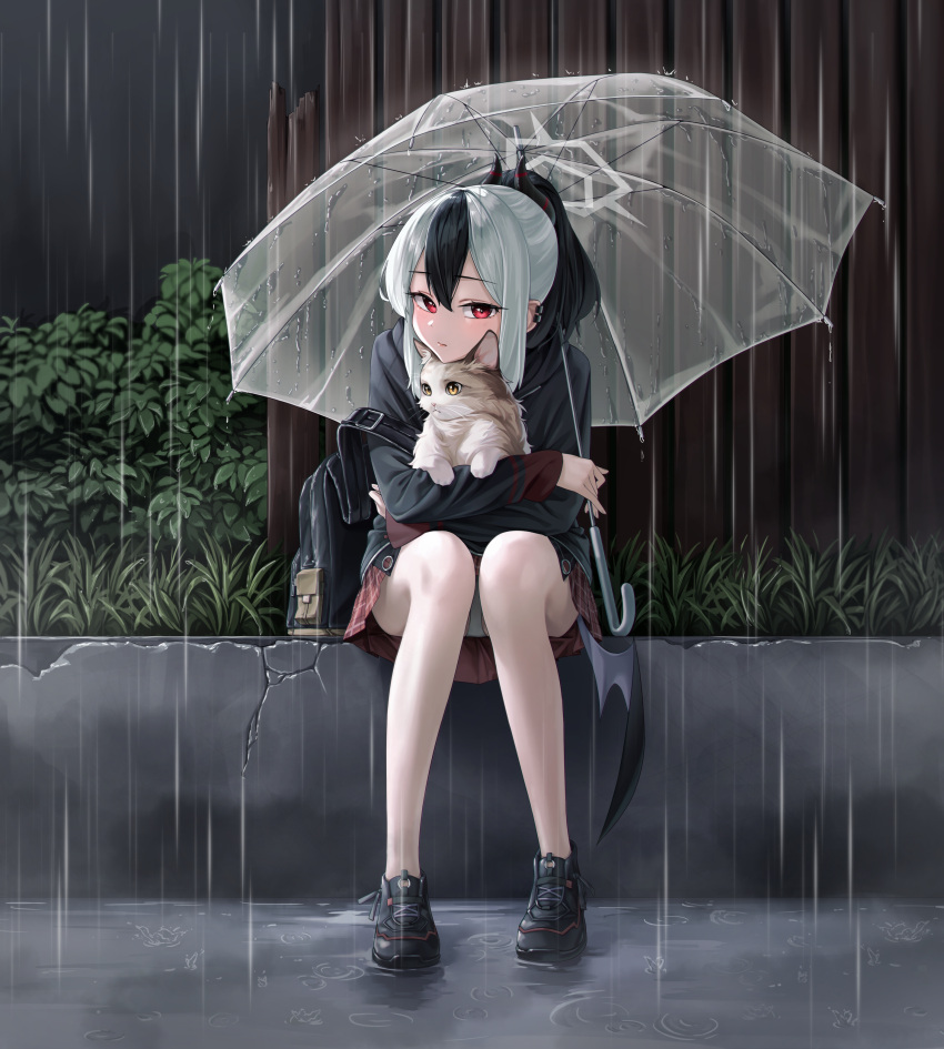 1girl, 1other, absurdres, animal, backpack, bag, black_hair, blue_archive