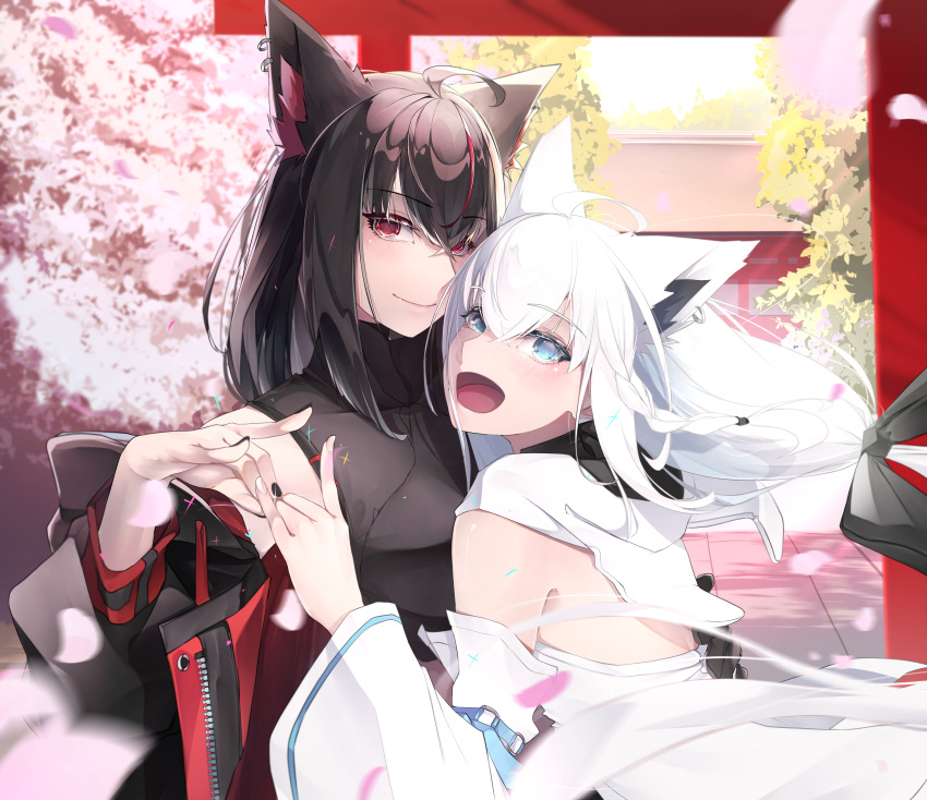 2girls, absurdres, ahoge, animal_ear_fluff, animal_ears, black_bow, black_gloves, black_hair