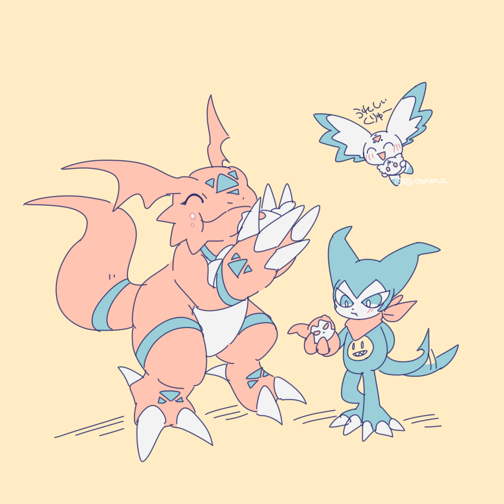 3others, blue_eyes, blush, closed_eyes, culumon, digimon, digimon_(creature), digital_hazard