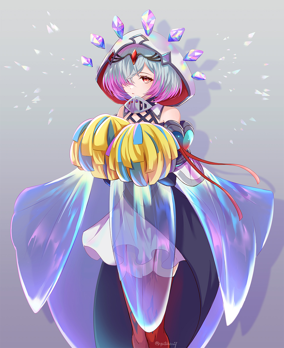 1girl, bare_shoulders, commentary_request, detached_sleeves, dress, fire_emblem, fire_emblem_heroes, grey_background, grey_hair, hair_over_one_eye, highres, hood, hood_up, jewelry, kvasir_(fire_emblem), looking_at_viewer, multicolored_hair, one_eye_covered, pink_hair, pom_pom_(cheerleading), red_eyes, red_thighhighs, shadow, short_hair, simple_background, solo, thigh-highs, twitter_username, two-tone_hair, white_dress, yutohiroya