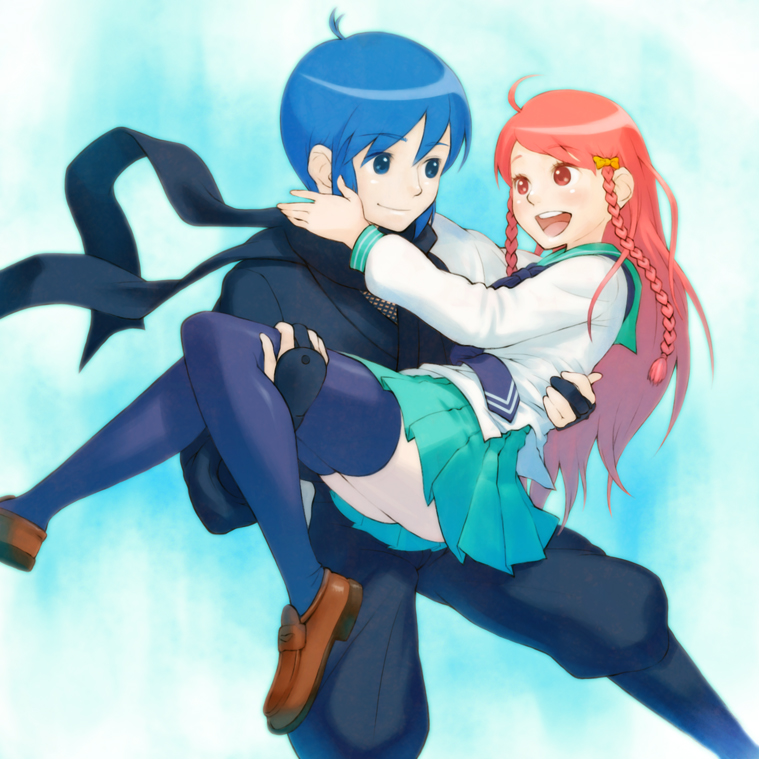 1girl, ahoge, blue_hair, braid, carrying, couple, gahon, kage_kara_mamoru