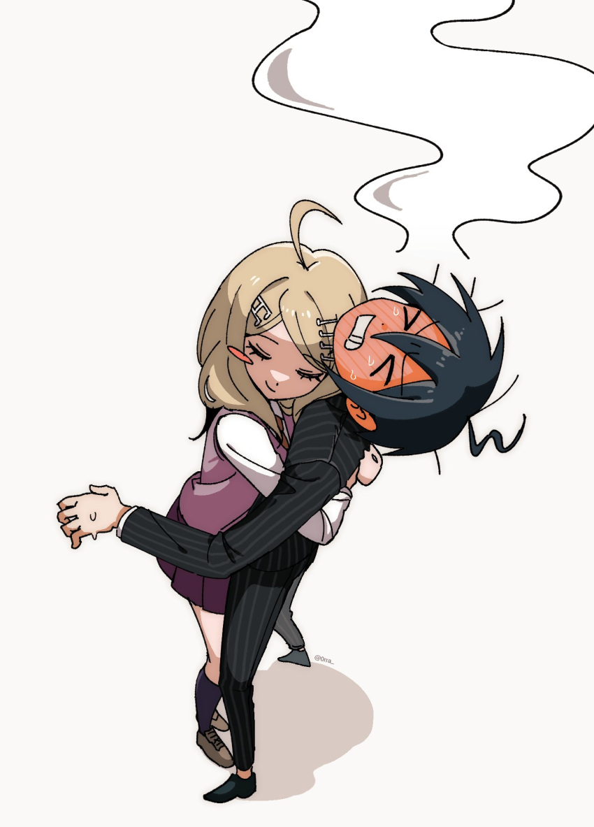 >_<, 1boy, 1girl, ahoge, akamatsu_kaede, black_footwear, black_hair, black_jacket, blonde_hair, blush, brown_footwear, clenched_teeth, closed_eyes, danganronpa_(series), danganronpa_v3:_killing_harmony, grey_background, hair_ornament, hetero, highres, hug, jacket, kneehighs, lasam_(0rra), long_sleeves, nose_blush, pants, pleated_skirt, saihara_shuichi, school_uniform, shirt, simple_background, single_blush_sticker, skirt, smile, socks, teeth, white_shirt