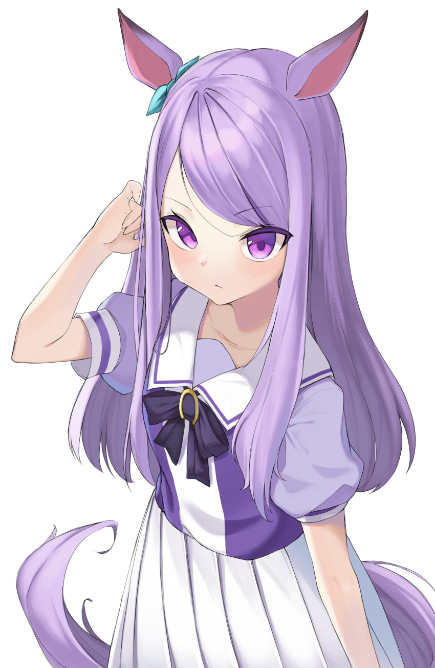 1girl, absurdres, animal_ears, blush, ear_ribbon, frown, hand_on_own_head, hand_up, highres, horse_ears, horse_girl, horse_tail, horseshoe_ornament, looking_at_viewer, mejiro_mcqueen_(umamusume), mirami_(tatarim39), neck_ribbon, pleated_skirt, ribbon, school_uniform, serafuku, short_sleeves, skirt, solo, tail, tracen_school_uniform, umamusume, upper_body, violet_eyes, white_background