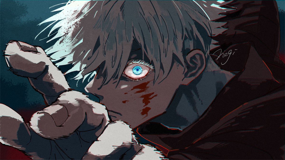 1boy, artist_name, black_jacket, blood, blood_on_face, blue_background, blue_eyes, closed_mouth, gojou_satoru, hand_up, jacket, jujutsu_kaisen, kogashi_negi, looking_at_viewer, male_focus, profile, short_hair, solo, white_hair