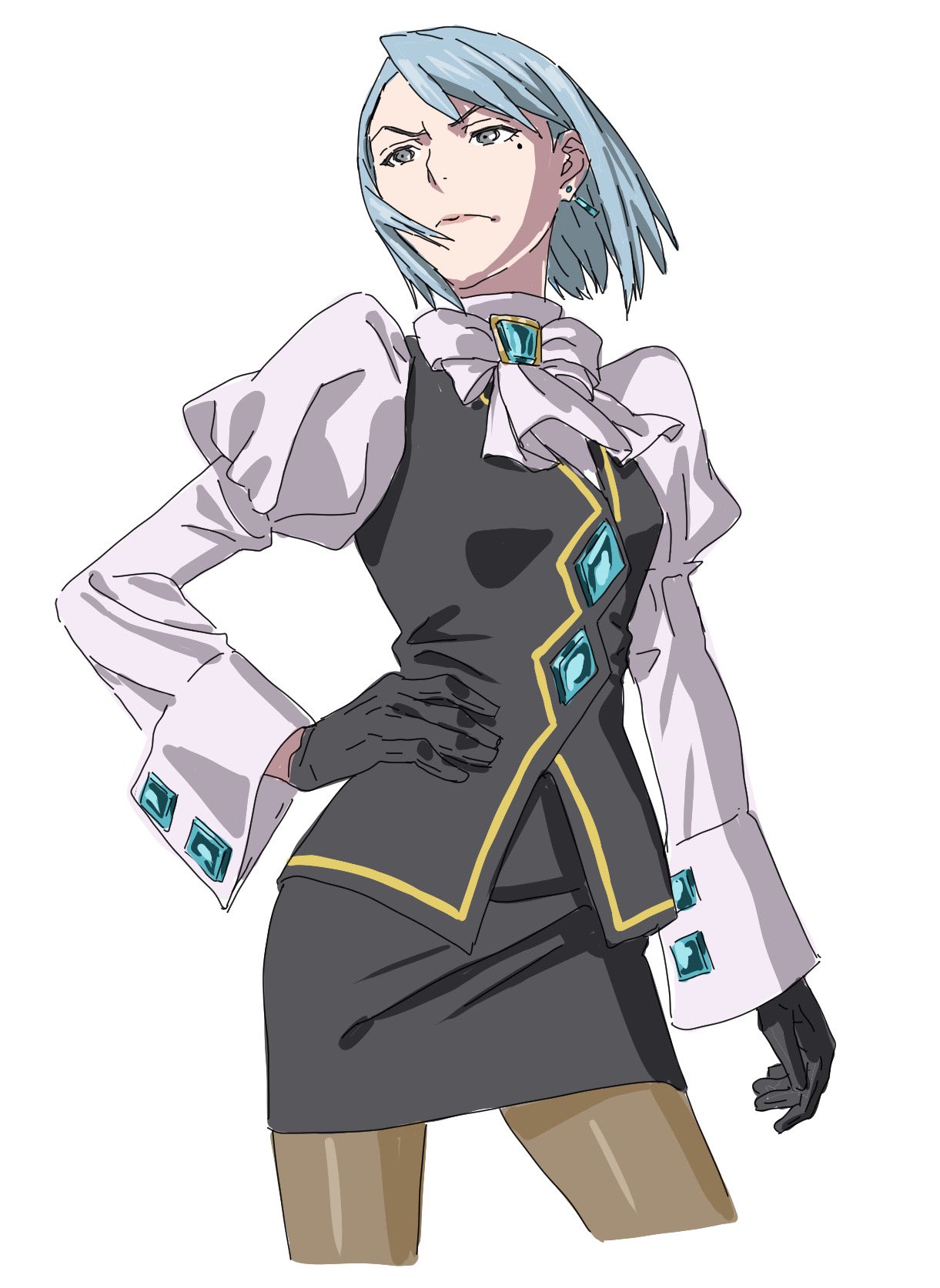 1girl, ace_attorney, ascot, black_gloves, black_skirt, black_vest, blue_eyes, blue_hair