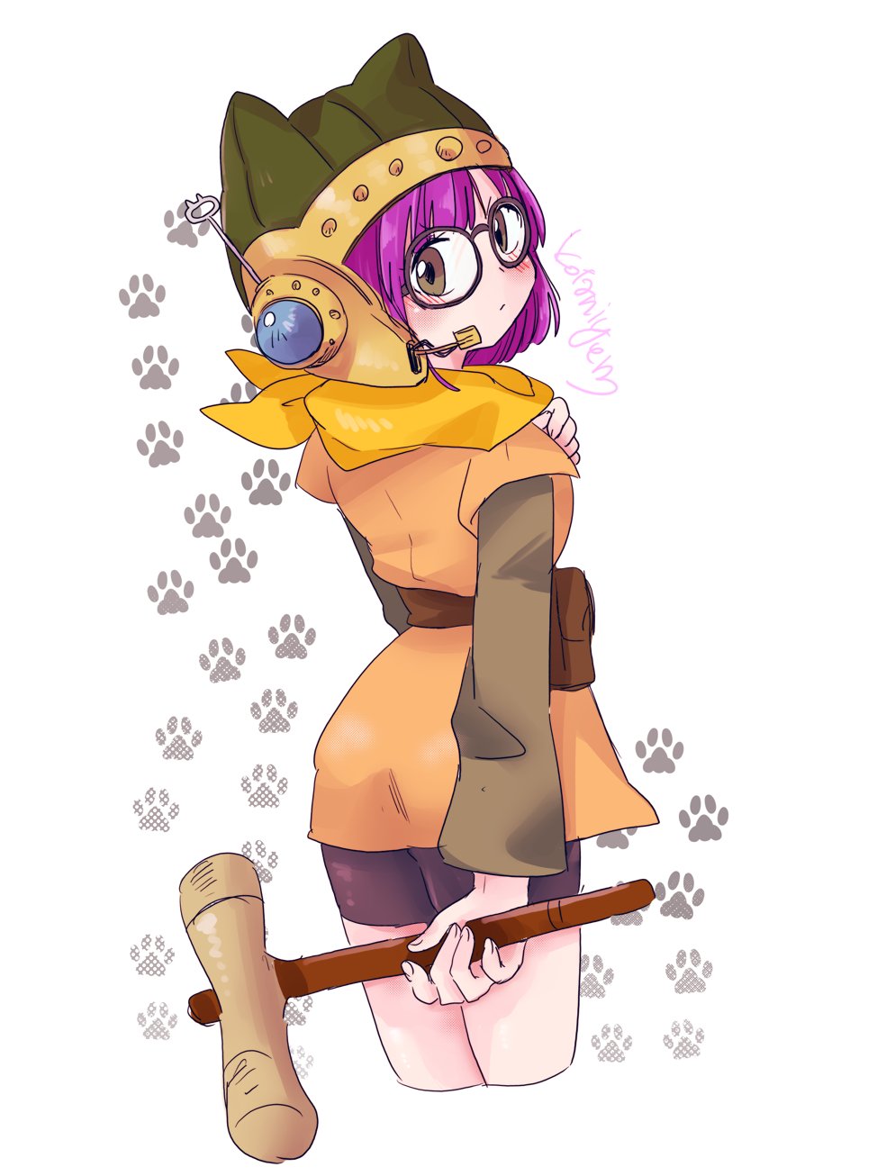1girl, belt, bike_shorts, blush, brown_eyes, chrono_trigger, closed_mouth, glasses, helmet, highres, holding, holding_mallet, kotaniyen, looking_at_viewer, lucca_ashtear, mallet, paw_print, paw_print_background, purple_hair, scarf, short_hair, simple_background, skirt, solo, weapon, white_background