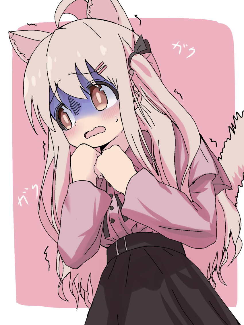 1girl, ahoge, animal_ears, black_skirt, border, brown_eyes, buttons, chiro_illust