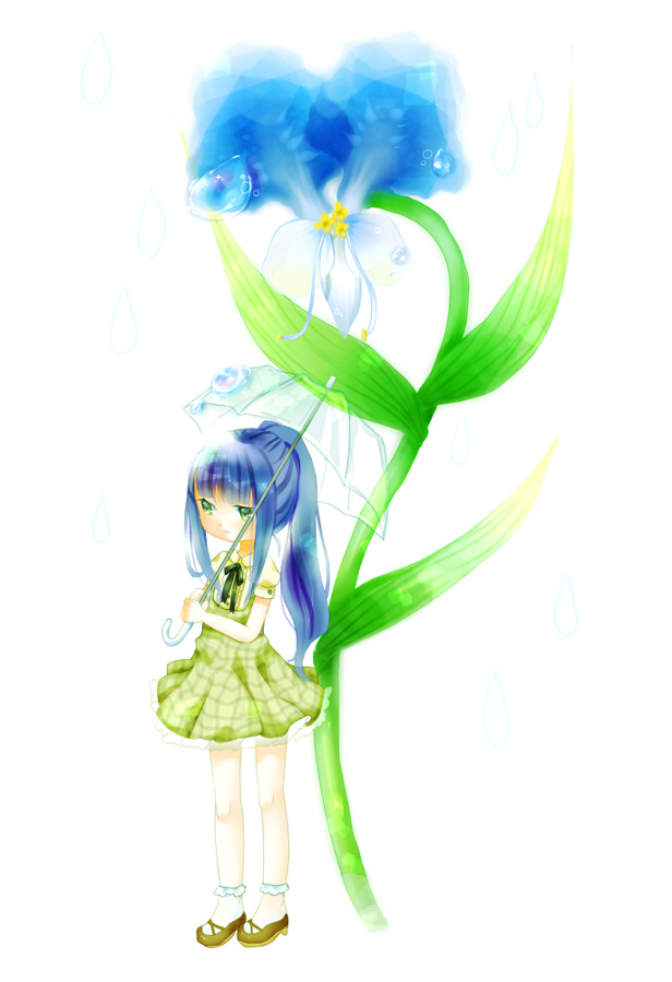 dress, drops, flower, green_eyes, minigirl, original, payot, ponytail