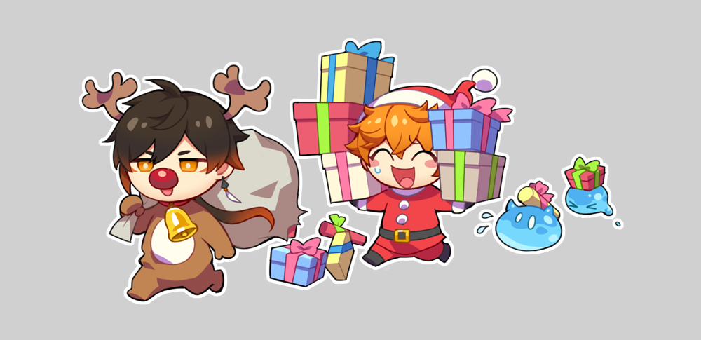 2boys, animal_costume, chibi, chisuke_1104, genshin_impact, gift, grey_background, holding, holding_gift, holding_sack, male, red_nose, reindeer_costume, sack, santa_costume, slime_(genshin_impact), tartaglia_(genshin_impact), zhongli_(genshin_impact)