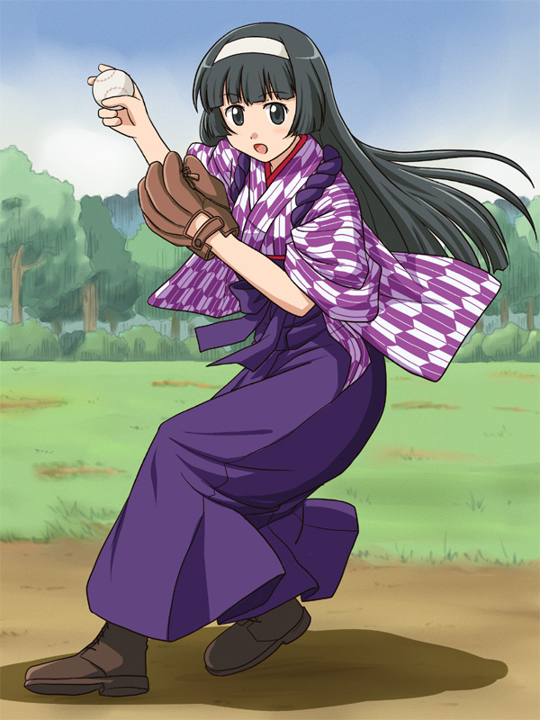 baseball_mitt, black_hair, hairband, japanese_clothes, lielos, long_hair, original, souya_yuki