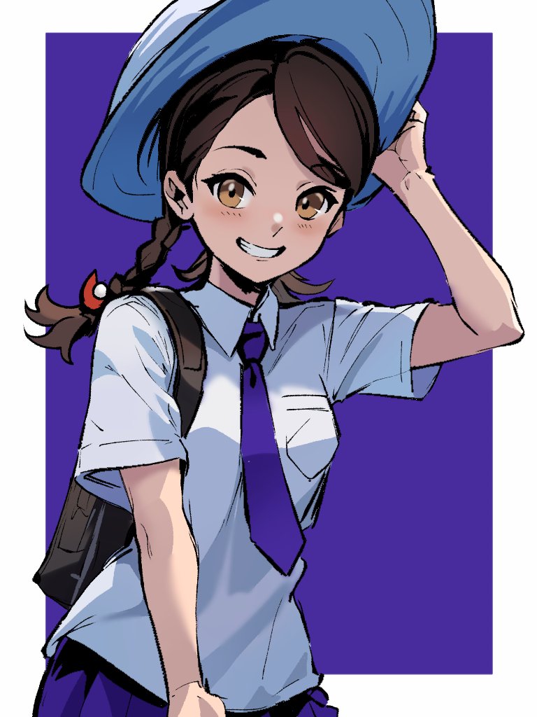 1girl, arm_up, backpack, bag, blush, braid, breast_pocket, brown_eyes