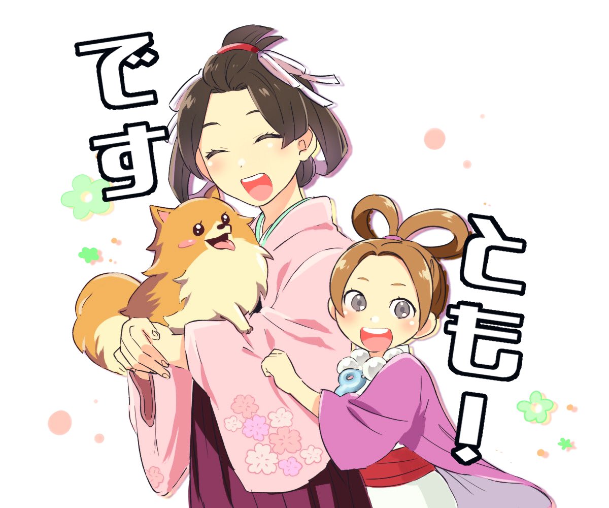 2girls, :d, ^_^, ace_attorney, animal, bangs_pinned_back, black_eyes, black_hair