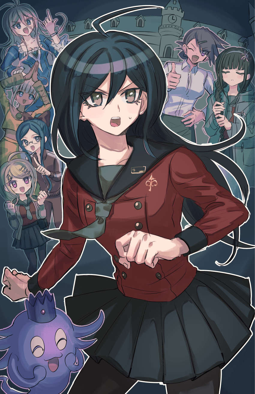 6+girls, absurdres, ahoge, akamatsu_kaede, arms_up, black_hair, black_pantyhose, black_sailor_collar