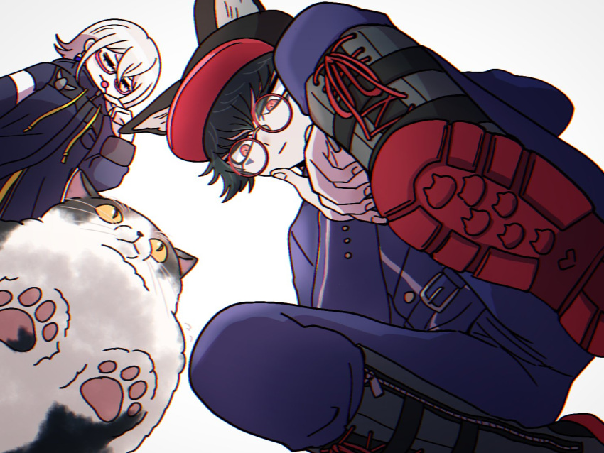 1boy, 1other, animal_ears, animal_hat, belt, black_footwear, black_hair, black_headwear