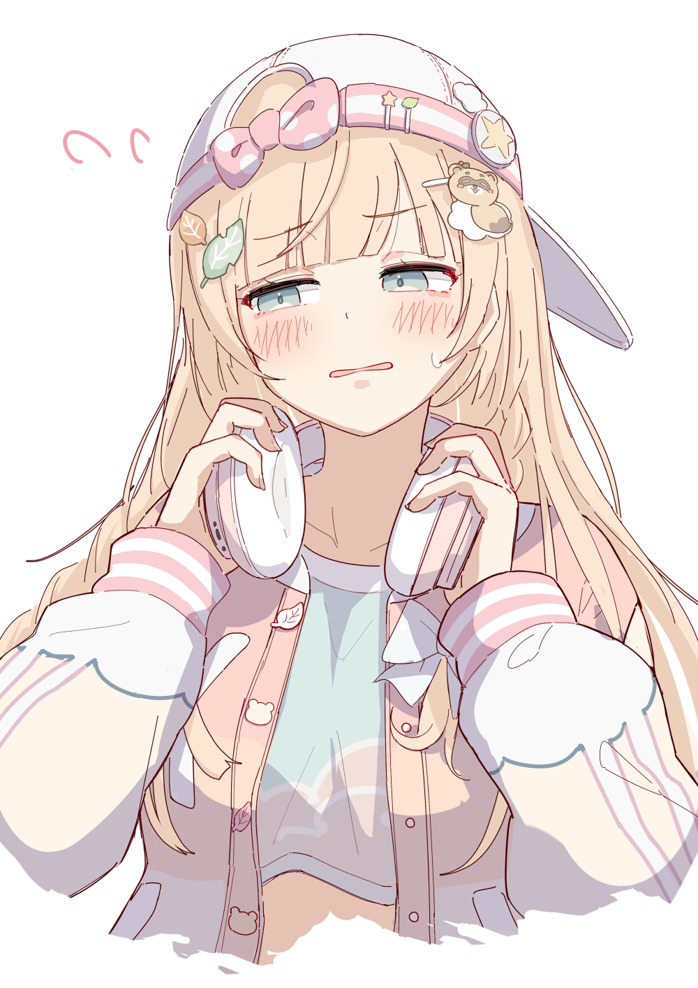 1girl, aqua_eyes, backwards_hat, blonde_hair, blunt_bangs, blush, brat_(brabrabrat00), commentary_request, crop_top, cropped_shirt, flying_sweatdrops, hair_ornament, hat, headphones, headphones_around_neck, highres, holding, holding_headphones, hololive, jacket, kazama_iroha, kazama_iroha_(3rd_costume), leaf_hair_ornament, long_hair, long_sleeves, official_alternate_costume, open_mouth, pokobee, puffy_long_sleeves, puffy_sleeves, simple_background, solo, sweatdrop, upper_body, virtual_youtuber, white_background, white_headwear