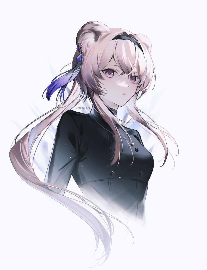 1girl, absurdres, animal_ear_piercing, animal_ears, arknights, black_hairband, black_shirt, breasts