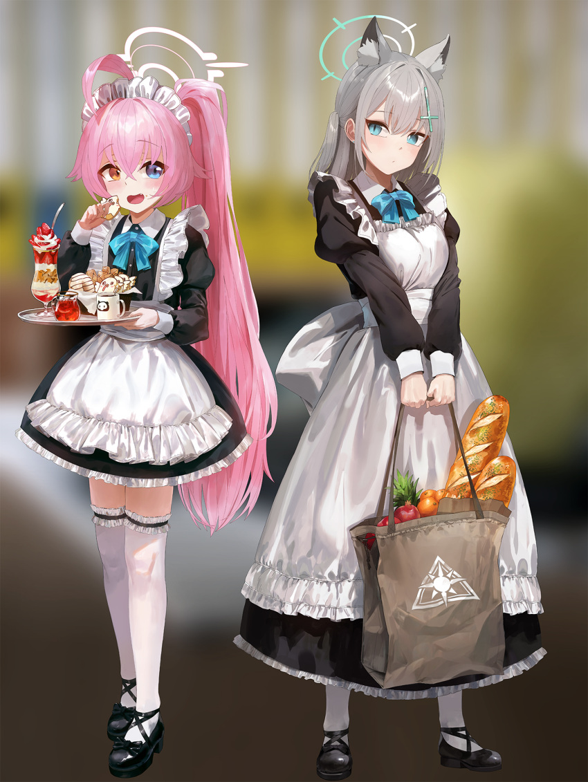 2girls, :d, ahoge, alternate_costume, alternate_hairstyle, animal_ear_fluff, animal_ears, apron
