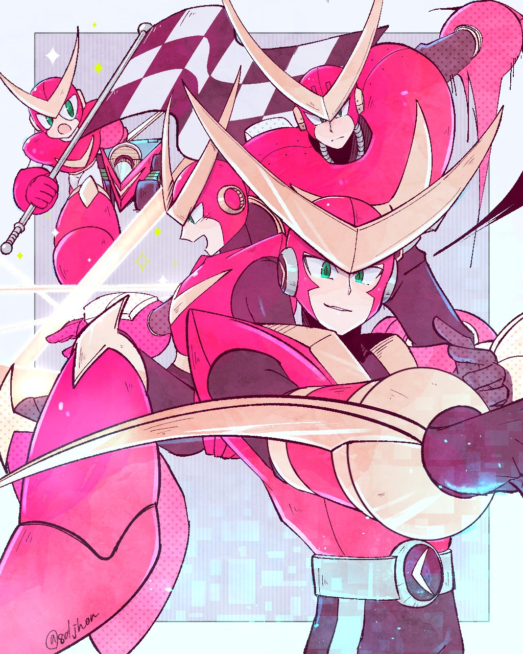 4boys, 801jhon, flag, green_eyes, highres, holding, holding_flag, mega_man:_battle_&amp;_chase, mega_man_(classic), mega_man_(series), mega_man_battle_network_(series), mega_man_megamix, multiple_boys, quick_man, quickman.exe, robot, smile