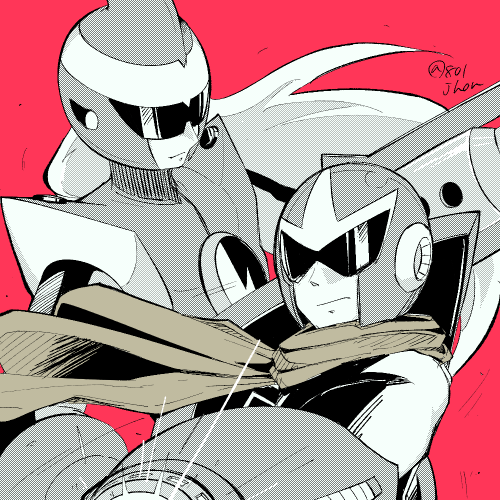 2boys, 801jhon, arm_cannon, commentary_request, helmet, in-franchise_crossover, long_hair, male_focus, mega_man_(classic), mega_man_(series), mega_man_battle_network_(series), multiple_boys, proto_man, protoman.exe, robot, scarf, shield, sword, upper_body, weapon