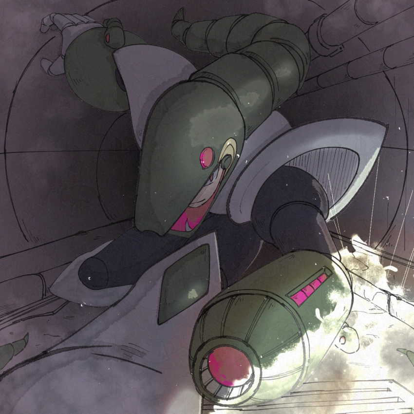 1boy, 801jhon, arm_cannon, commentary, highres, kneeling, looking_at_viewer, male_focus
