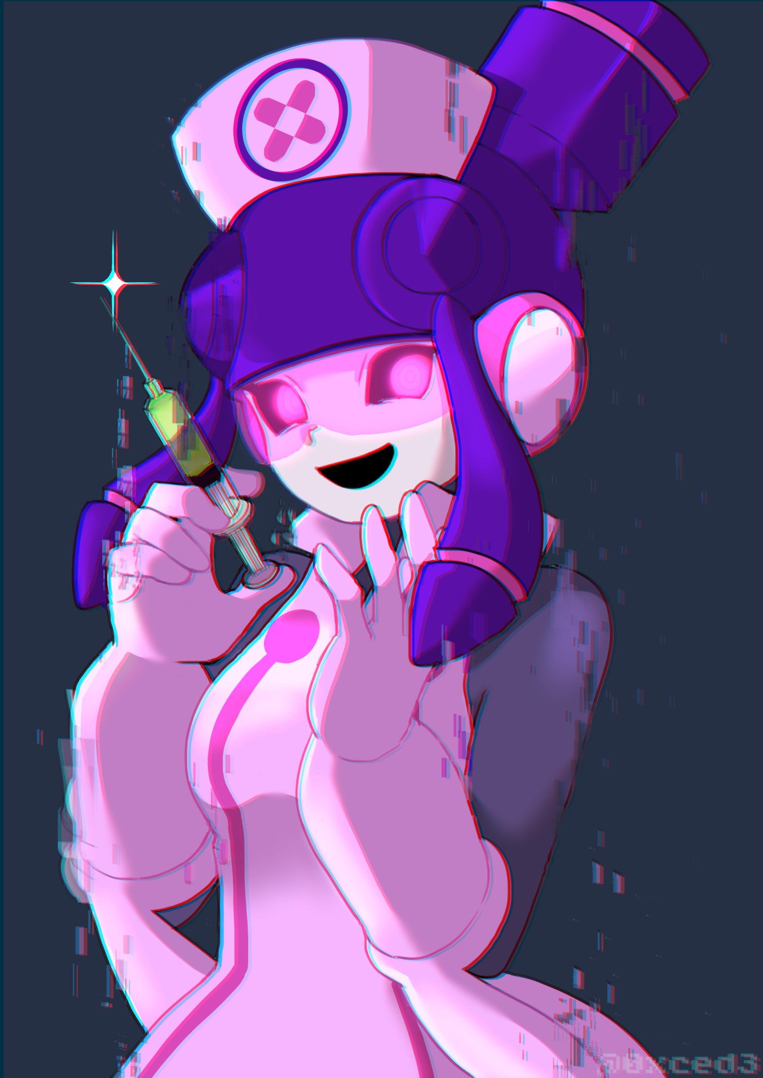 0xced3, 1girl, blue_hair, colored_sclera, commentary_request, dark_persona, hat, highres, holding, holding_syringe, looking_at_viewer, meddy.exe_(mega_man), mega_man_(series), mega_man_battle_network_(series), mega_man_battle_network_5, nurse_cap, purple_sclera, sidelocks, simple_background, smile, solo, syringe