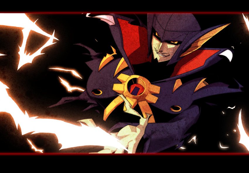 1boy, clenched_teeth, colored_sclera, commentary_request, evil_smile, facial_hair, goatee, helmet