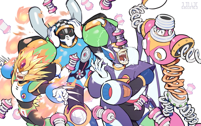 4boys, arm_cannon, claws, covered_mouth, helmet, highres, male_focus, mega_man_(classic)