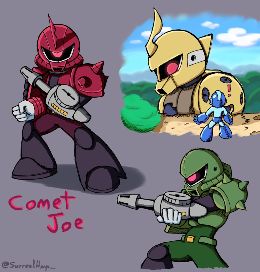 arm_cannon, commentary, crossover, english_commentary, english_text, full_body, gundam, helmet, highres, mecha, mega_man_(character), mega_man_(classic), mega_man_(series), no_mouth, outdoors, red_eyes, robot, sniper_joe_(mega_man), surrealmason, upper_body, weapon, zaku