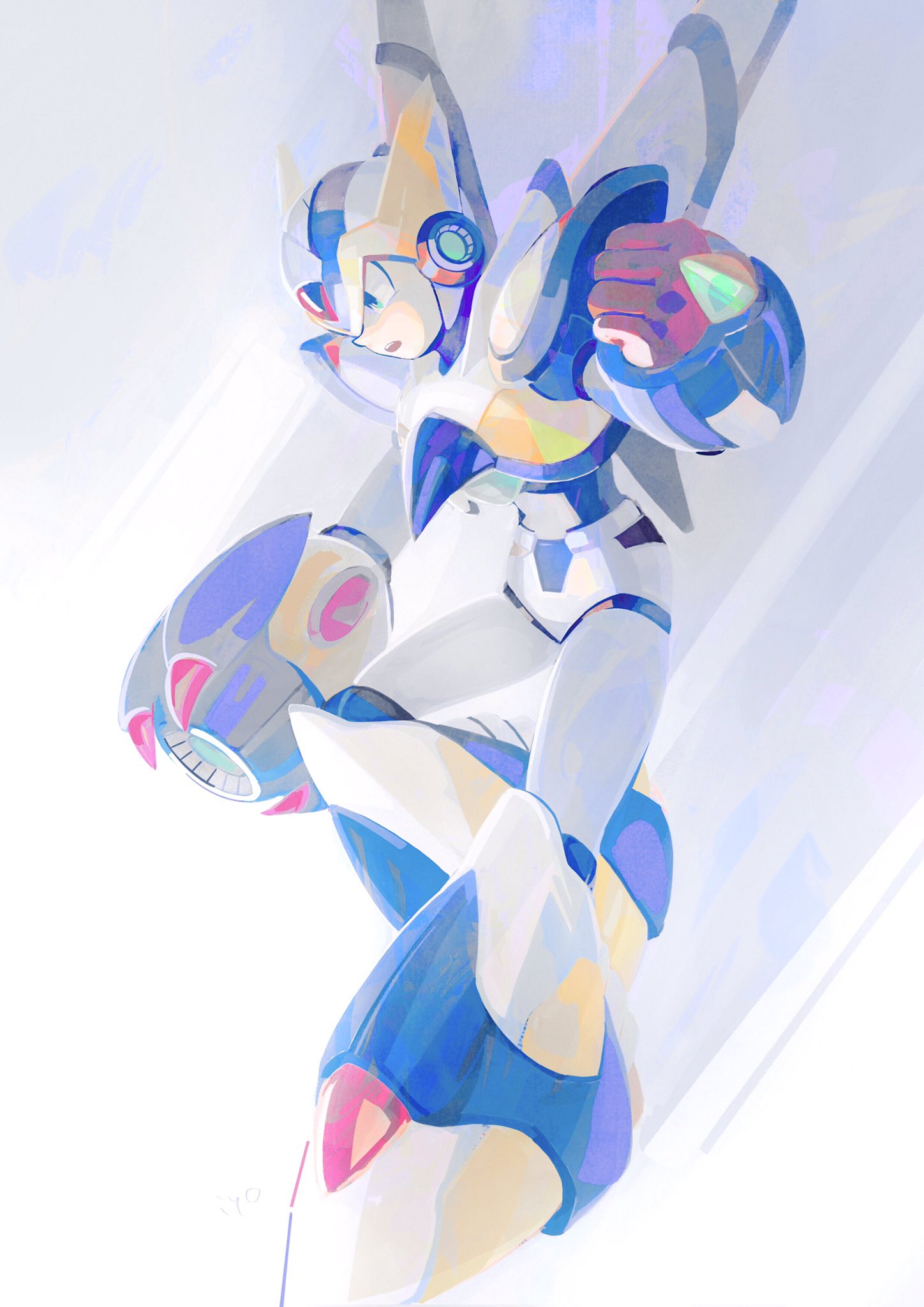 1boy, arm_cannon, clenched_hand, falcon_armor_x_(mega_man), full_body, green_eyes, helmet, highres