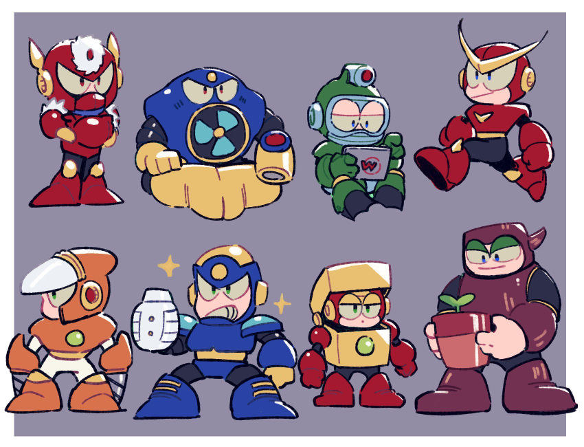 1278mkyp, 6+boys, air_man, arm_cannon, bubble_man, clenched_teeth, commentary_request, covered_mouth