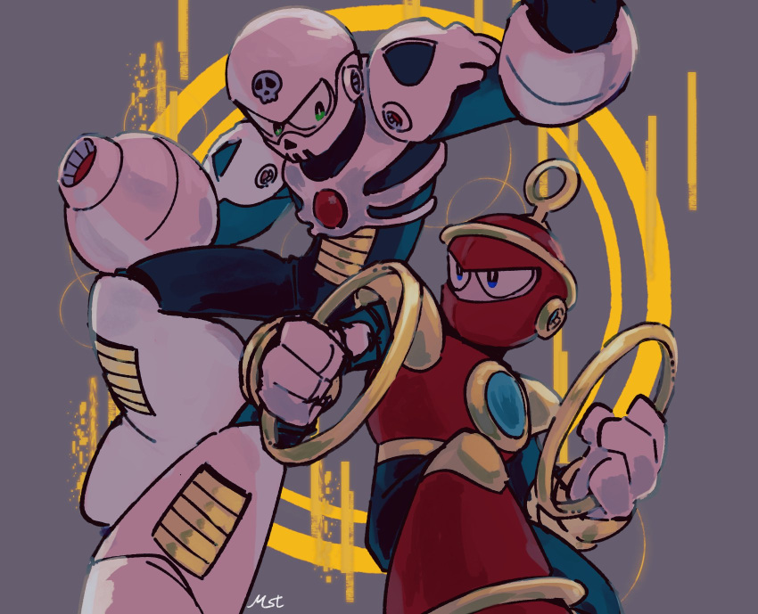 1278mkyp, 2boys, arm_cannon, blue_eyes, covered_mouth, eye_contact, green_eyes, helmet