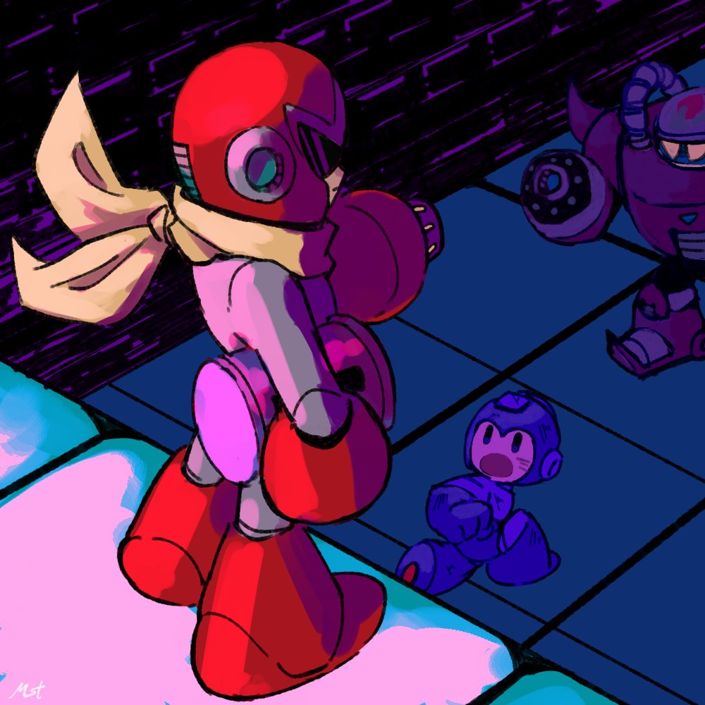 1278mkyp, 2boys, arm_cannon, dark_man, energy_tank, kneeling, looking_back, male_focus