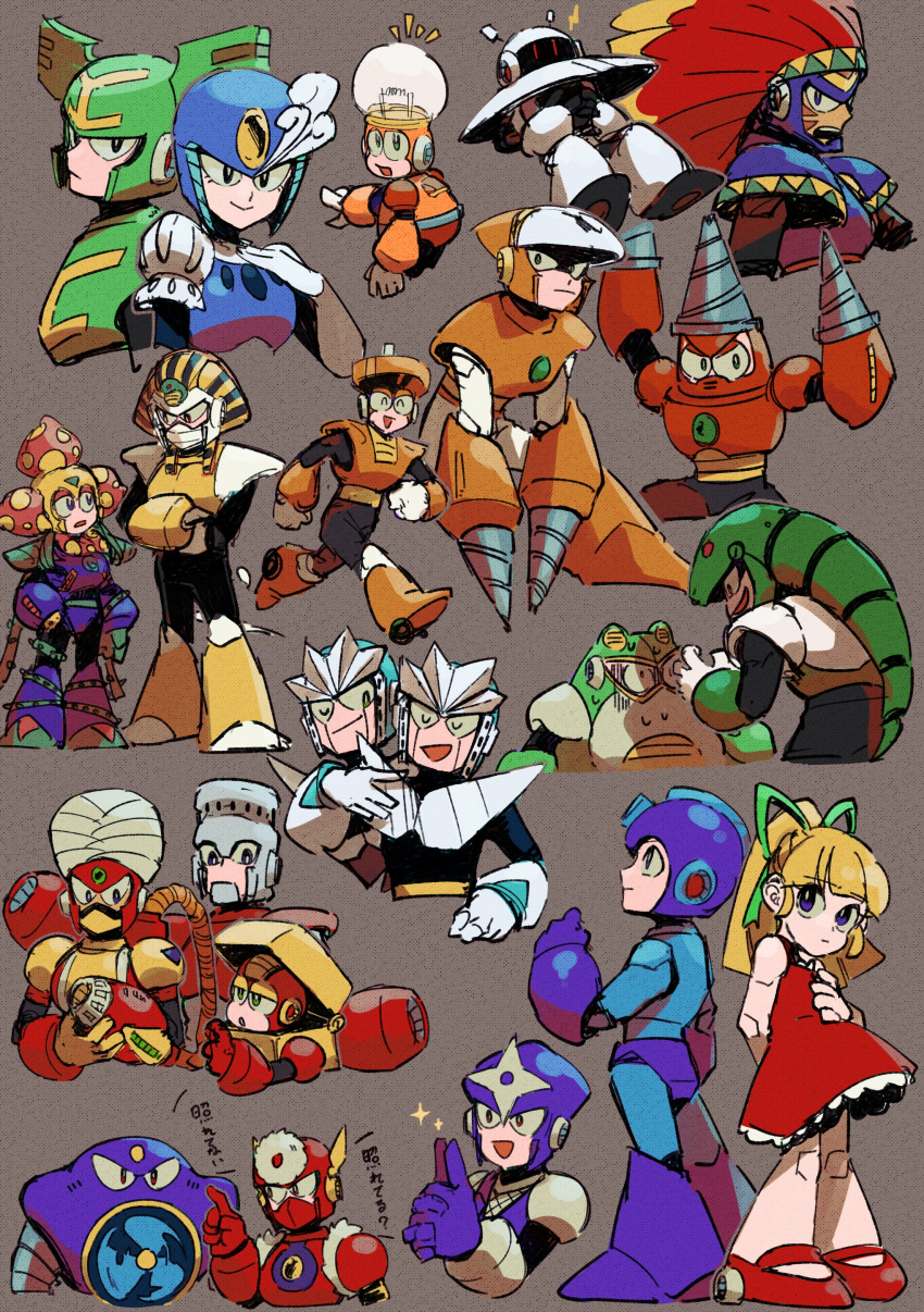 1278mkyp, 2girls, 6+boys, absurdres, air_man, blonde_hair, bright_man, colored_sclera, commentary, covered_mouth, crash_man, drill_man, english_commentary, fire_man, flame_man, galaxy_man, gemini_man, hair_ribbon, heat_man, helmet, highres, in-franchise_crossover, light_frown, looking_at_viewer, medium_hair, mega_man_(character), mega_man_(classic), mega_man_(series), mega_man_1, mega_man_2, mega_man_3, mega_man_4, mega_man_6, mega_man_9, metal_man, multiple_boys, multiple_girls, no_mouth, own_hands_together, pharaoh_man, plant_man, red_sclera, ribbon, robot, roll_(mega_man), shadow_man_(mega_man), smile, snake_man, splash_woman, toad_man, tomahawk_man, top_man, tornado_man, turban