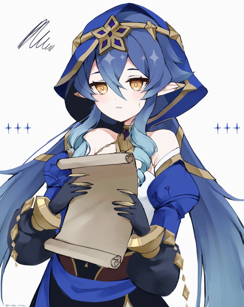 1girl, black_gloves, blue_hair, blue_hood, claw_ring, detached_sleeves, drill_hair, drill_sidelocks, ear_covers, genshin_impact, gloves, highres, holding, holding_scroll, juliet_sleeves, layla_(genshin_impact), long_hair, long_sleeves, nirako_mona, parted_lips, pointy_ears, puffy_sleeves, scroll, sidelocks, simple_background, solo, sweat, twintails, white_background, yellow_eyes