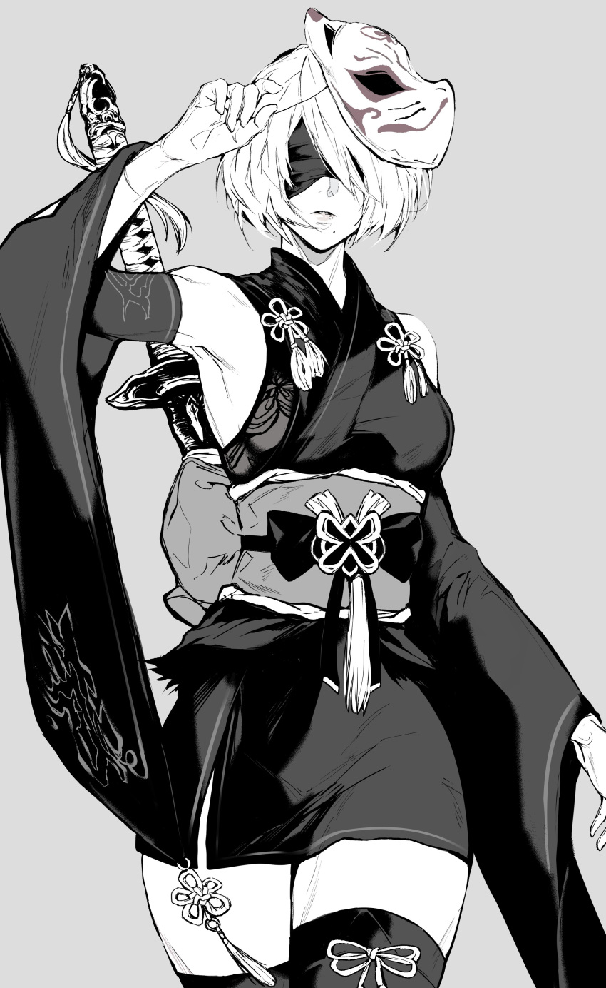1girl, 2b_(nier:automata), absurdres, bare_shoulders, black_blindfold, blindfold, breasts, clothing_cutout