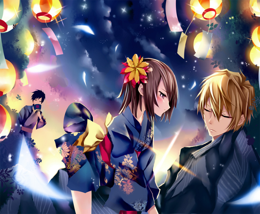 awakusu_akane, black_hair, blonde_hair, blush, bobo_(pixiv), brown_eyes, brown_hair, closed_eyes