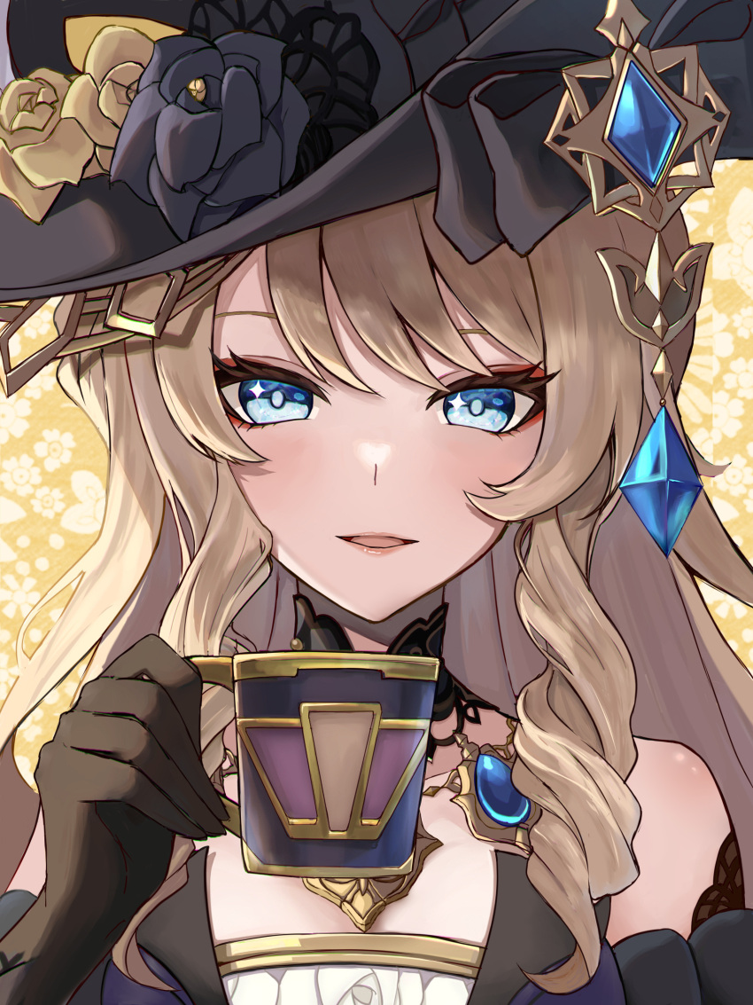 1girl, absurdres, bare_shoulders, black_gloves, black_headwear, blonde_hair, blue_eyes, blue_gemstone, commentary_request, cup, eyeshadow, floral_background, gem, genshin_impact, gloves, highres, holding, holding_cup, huangwanzi, jewelry, makeup, navia_(genshin_impact), open_mouth, portrait, red_eyeshadow, smile, solo, yellow_background
