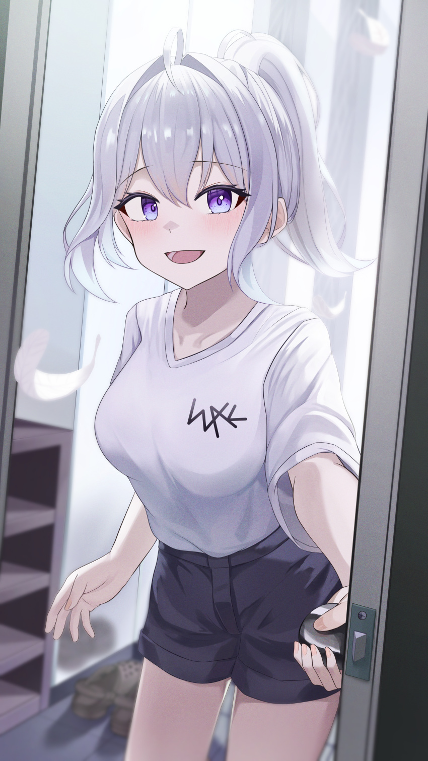 1girl, absurdres, arch_a4, blue_shorts, blurry, blush, breasts, commentary