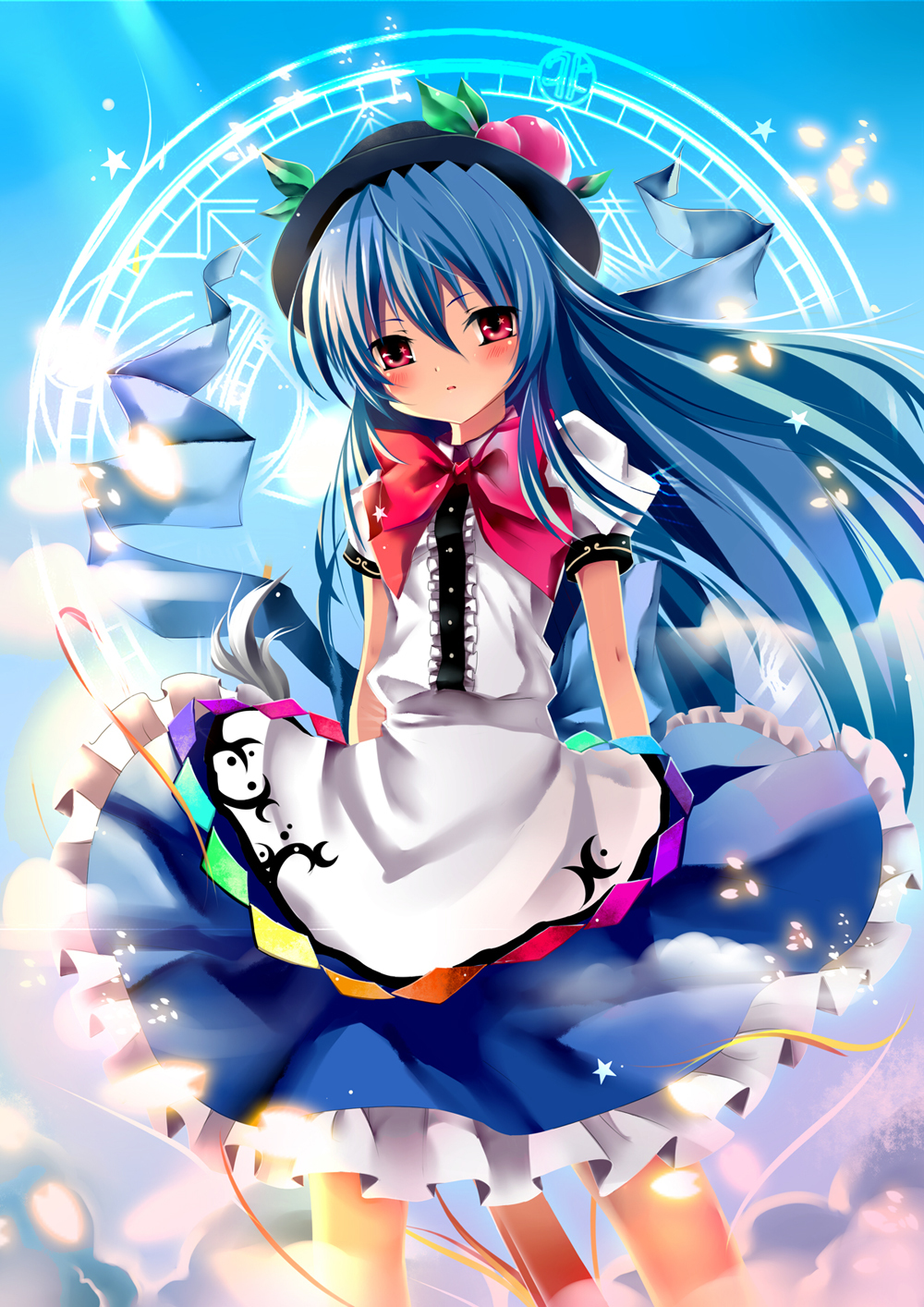 apron, bobo_(pixiv), bow, cloud, clouds, dress, food, fruit