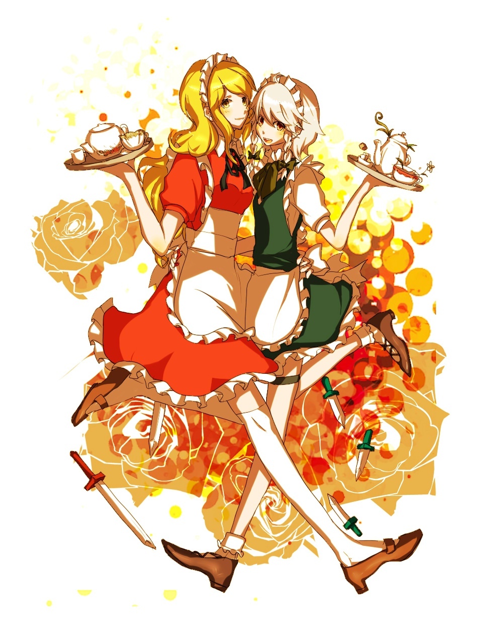 apron, blonde_hair, bow, braid, hair_bow, highres, hug, izayoi_sakuya