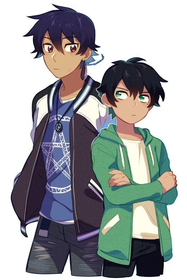 2boys, black_hair, blue_shirt, brown_eyes, crossed_arms, dark-skinned_male, dark_skin, felix_(lalin's_curse), green_eyes, hair_between_eyes, isakysaku, jacket, kody_(lumine), lalin's_curse, long_sleeves, looking_at_another, lumine_(webtoon), multiple_boys, open_clothes, open_jacket, shirt, white_background, white_shirt