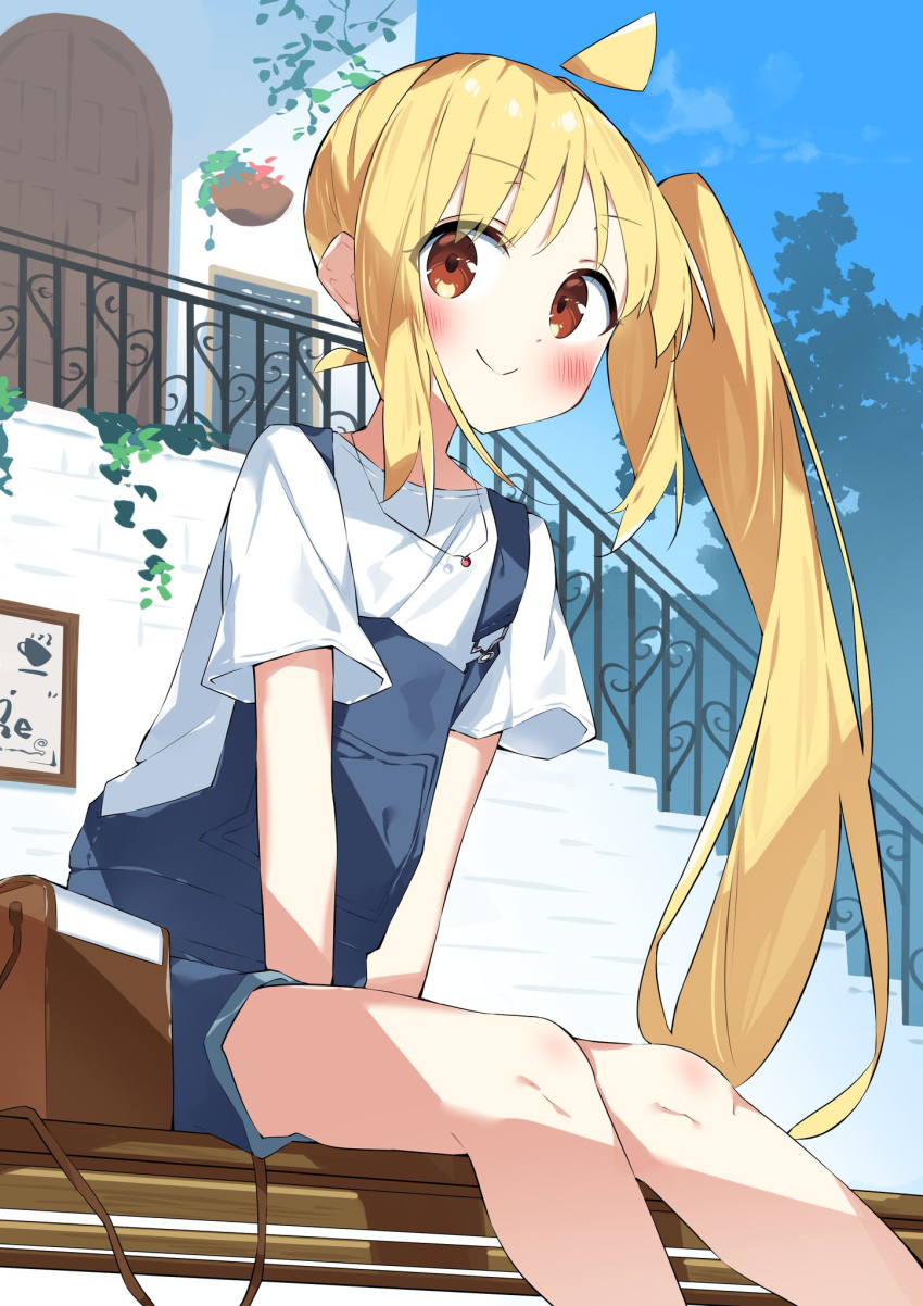 1girl, ahoge, blonde_hair, blue_overalls, blush, bocchi_the_rock!, closed_mouth, day, feet_out_of_frame, highres, ijichi_nijika, long_hair, one_side_up, outdoors, overalls, red_eyes, shirt, short_sleeves, sitting, smile, solo, suta0822, white_shirt