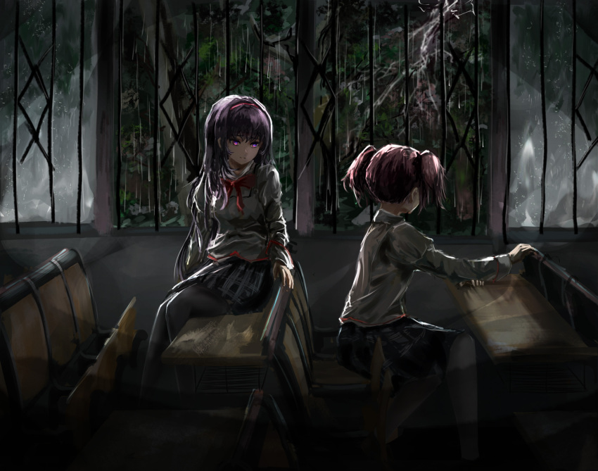 2girls, akemi_homura, black_hair, huijin, kaname_madoka, long_hair, mahou_shoujo_madoka_magica, mitakihara_school_uniform