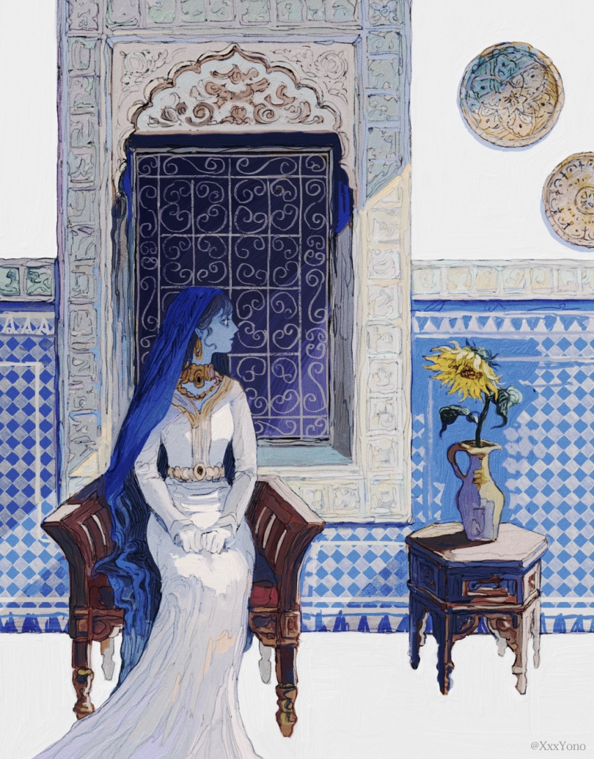 1girl, amazigh_clothes, artist_name, black_hair, chair, closed_mouth, dress, earrings