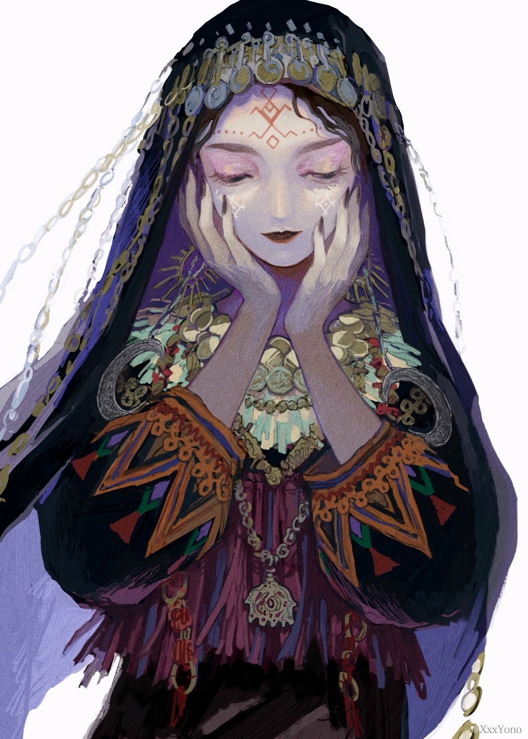 1girl, amazigh_clothes, artist_name, black_hair, black_nails, closed_eyes, closed_mouth, earrings