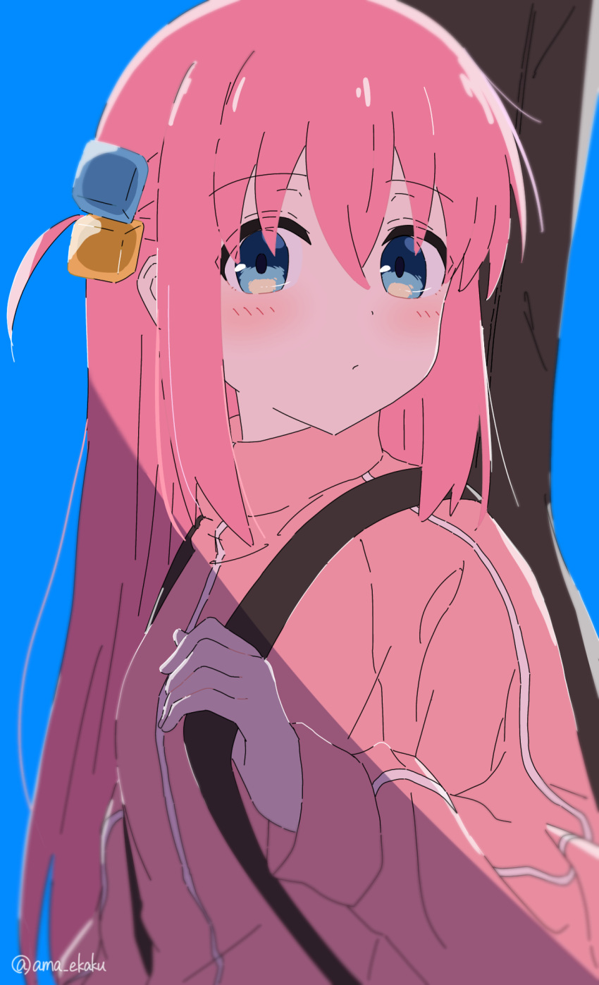 1girl, ama_(ama_ekaku), artist_name, backpack, bag, blue_background, blue_eyes, blush