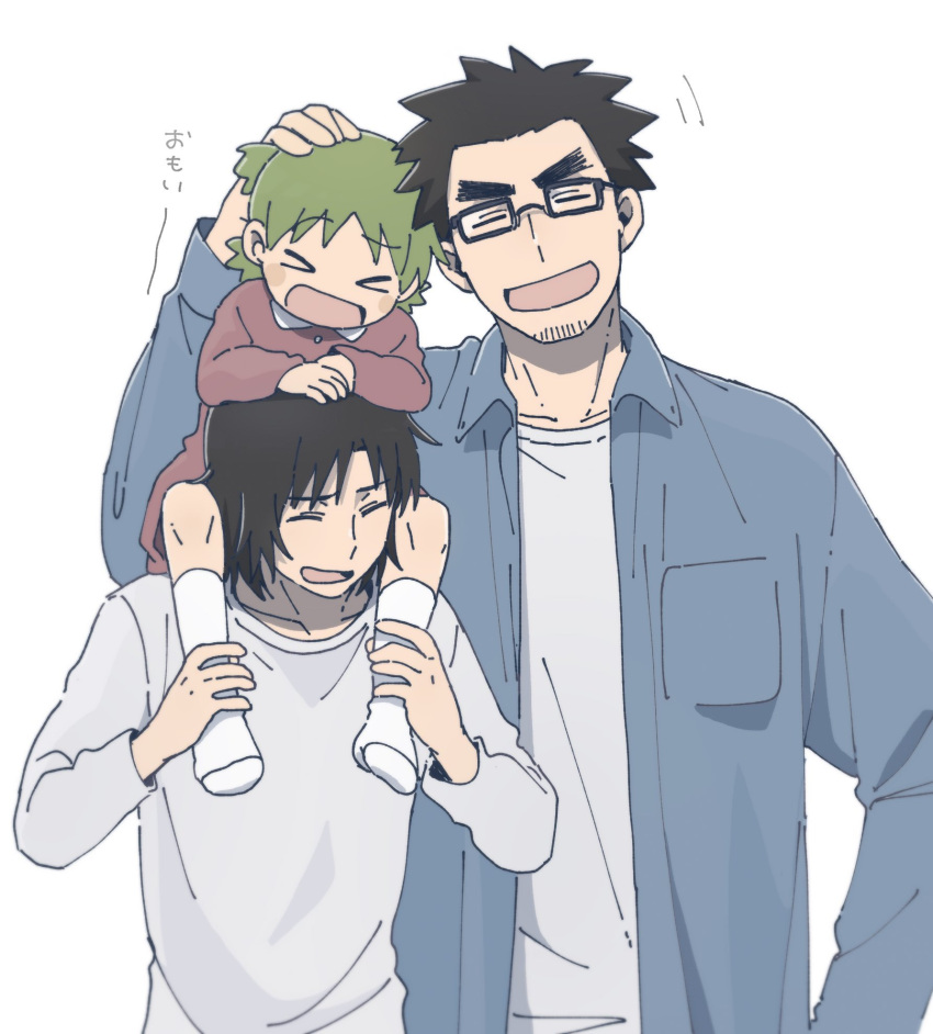 >_<, 1girl, 2boys, :d, ^_^, black_hair, blue_shirt, carrying