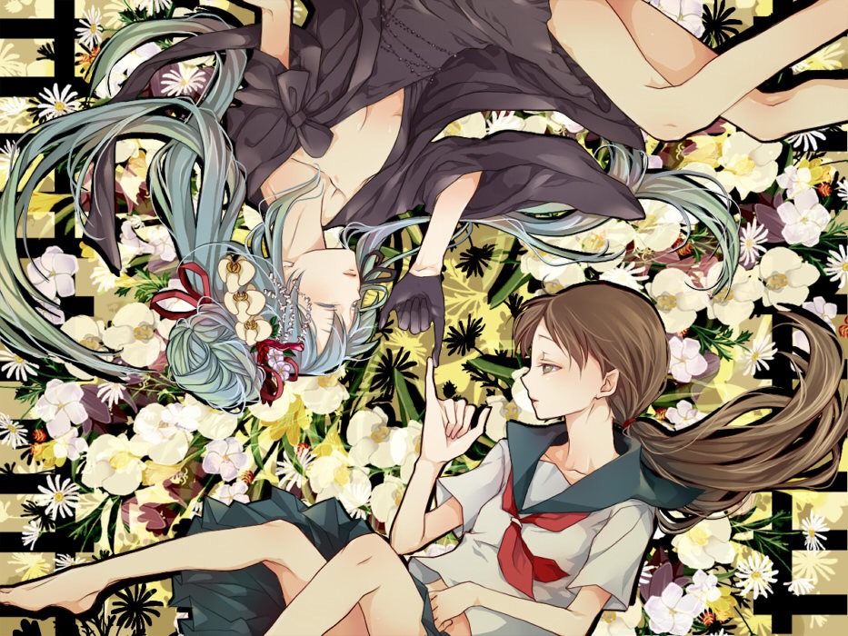 alternate_hairstyle, aqua_hair, barefoot, brown_hair, cleavage, closed_eyes, dress, flower