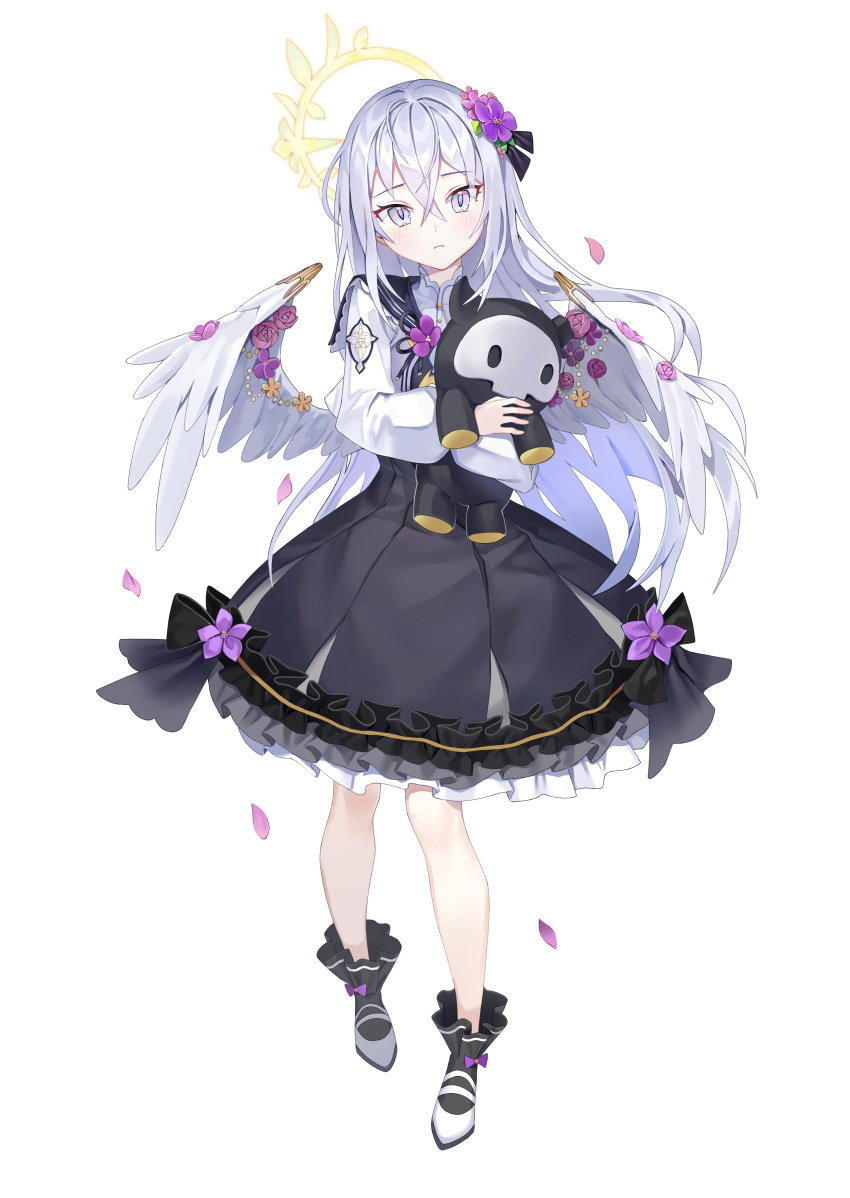 1girl, absurdres, angel_wings, azusa_(blue_archive), black_socks, blue_archive, commentary_request, falling_petals