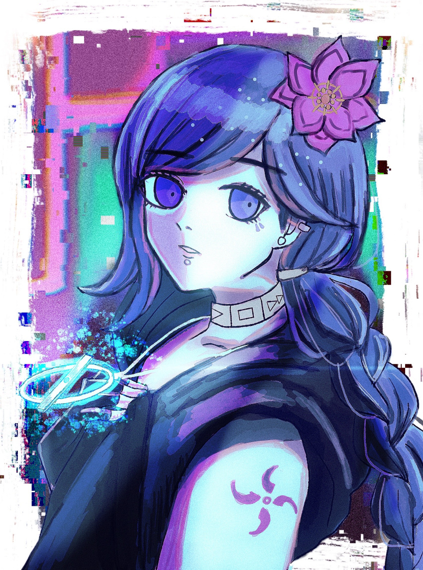 1girl, black_coat, blue_eyes, blue_hair, braid, choker, coat, ear_piercing, flower, fubuki_clockford, glowing, hair_flower, hair_ornament, highres, jewelry, long_hair, looking_at_viewer, master_detective_archives:_rain_code, necklace, nowi_(nooooowi_1110), parted_lips, piercing, pink_flower, shoulder_tattoo, single_braid, sleeveless_coat, solo, swept_bangs, tattoo, upper_body